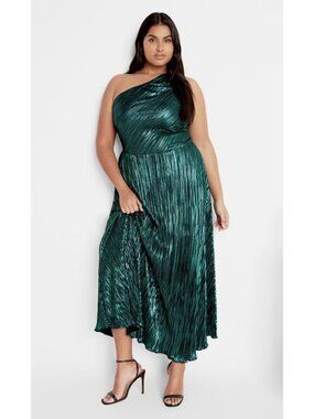 City Chic Kamila One Shoulder Metallic Maxi Dress Emerald | Size 20 | NWT